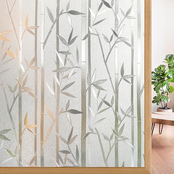 rabbitgoo Window Privacy Film Frosted Bamboo Pattern, Removable UV Blocking Stained Glass Decals Covering Decorative Window Cling for Home, 17.5 in X 13.1 Feet, Regular
