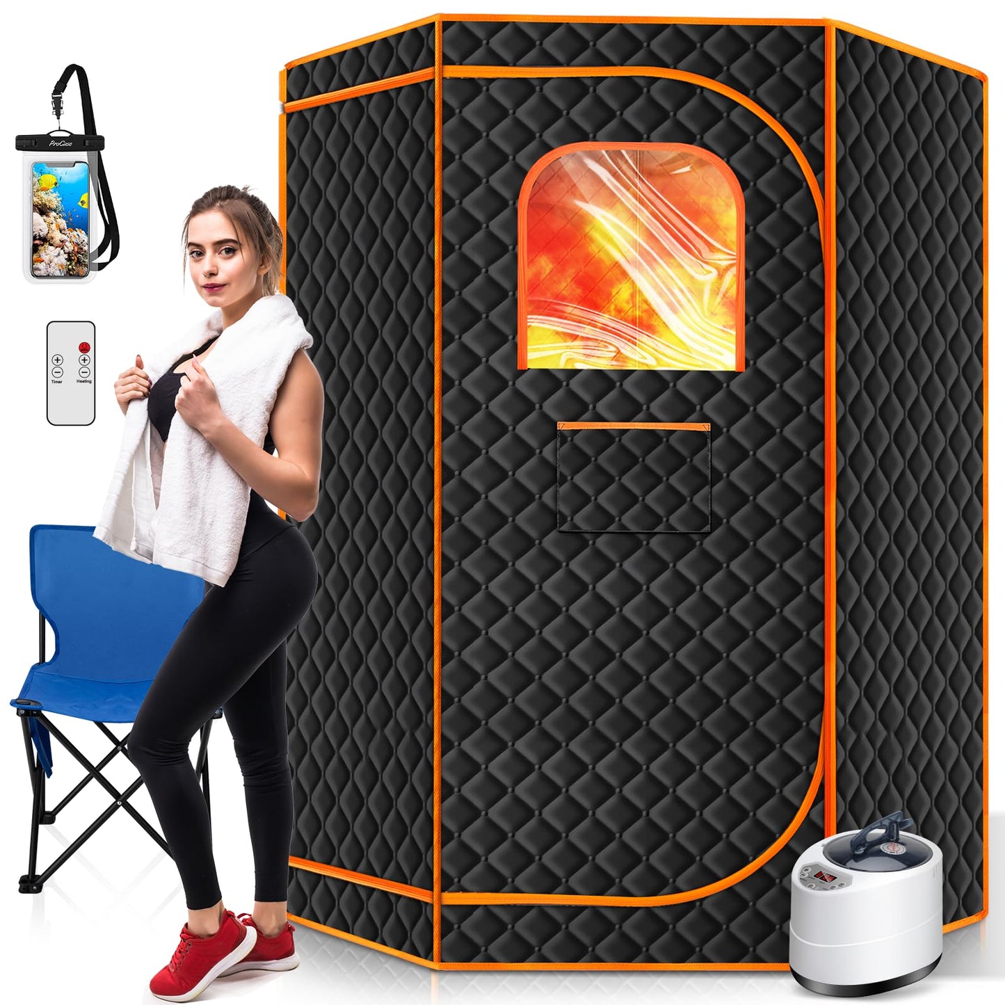 RELEXNOW Portable Sauna Box for Home, Personal SPA Steam Sauna with 10 Min Fast Heating & 9 Levels Heat, Warm Sauna Tent with 3L/1200W Steamer, Folding Chair, Remote Control for Body Relaxation