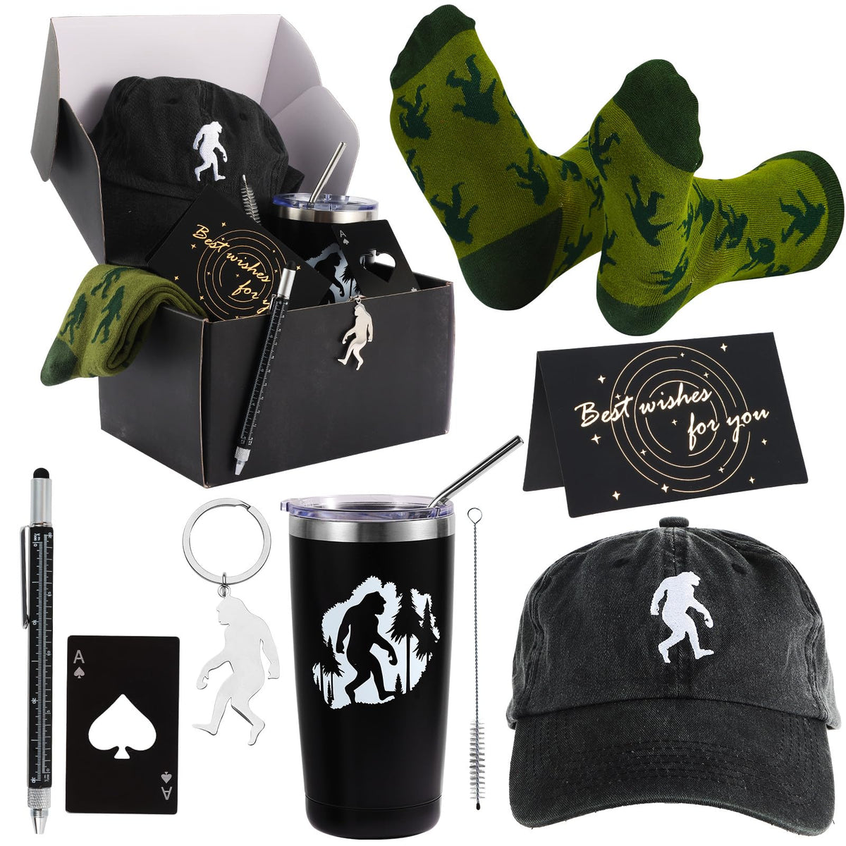 SAIWEILAI ONLINE 8 Pieces Big foot Gift Sasquatch Gifts for Men Sasquatch Lovers Gift Dad Grandpa Birthday Gifts Box Set with Insulated Tumbler Baseball Cap Socks (Sasquatch)