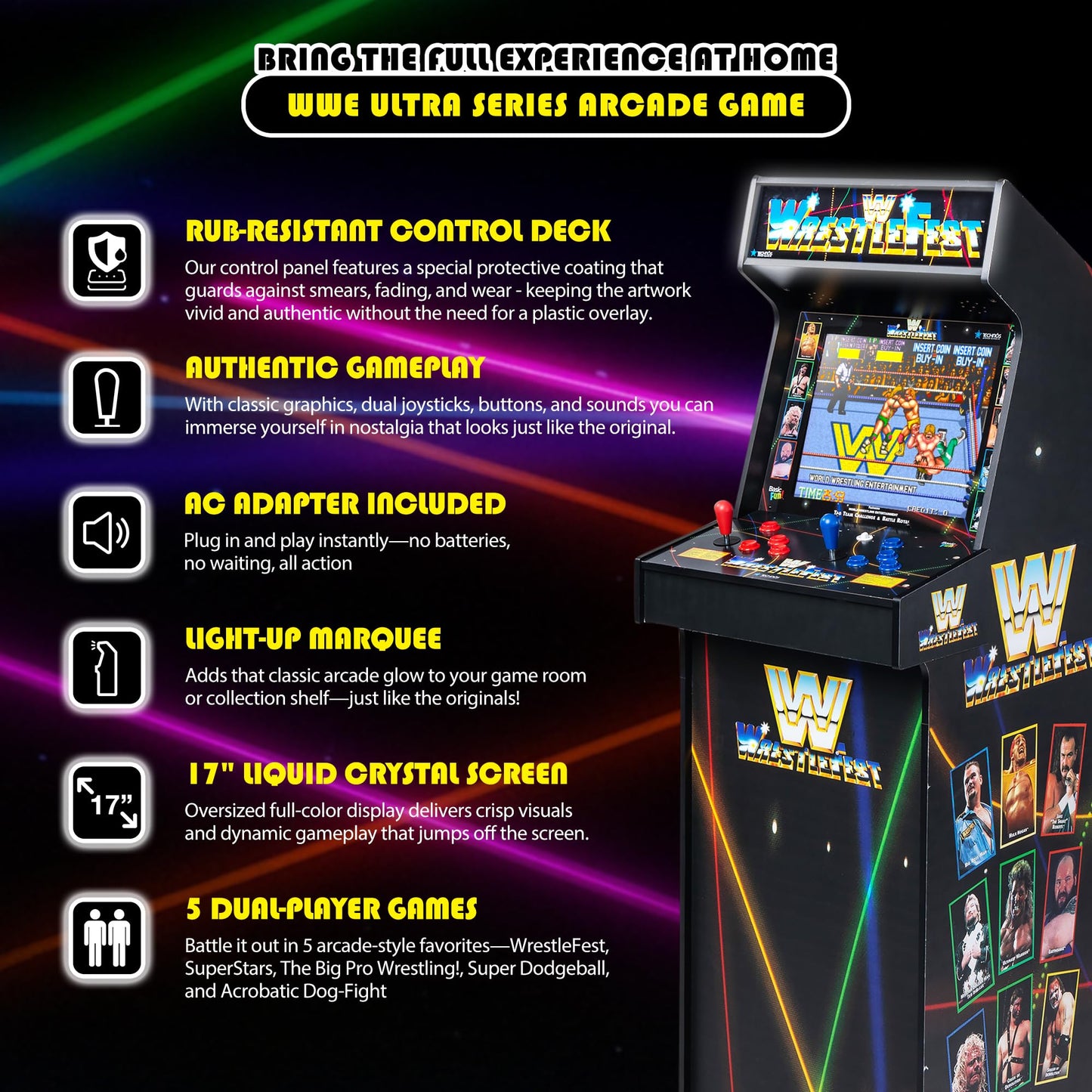 Arcade Classics - WWE Ultra Series Game Machine, 5 Games, 17" Liquid Crystal Screen - Indoor Cabinet, Retro, Gaming Console, Basement Decoration, Man Cave
