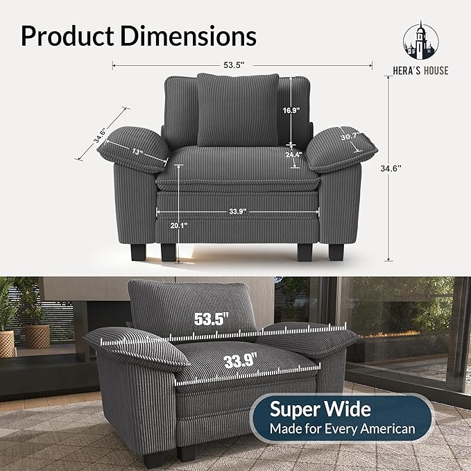 HERA'S HOUSE 54" Modular Sectional Sofa Couches for Living Room, Comfy Cloud Couch 1-Seater Deep Seat Sofa with Throw Pillow, Corduroy Grey