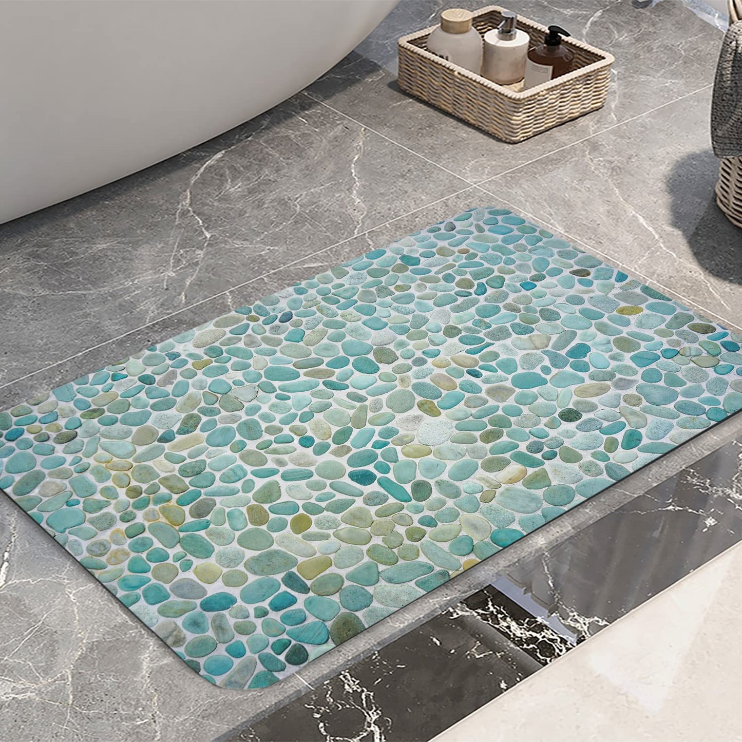 LYFANS Bathroom Uses Absorbent Non Slip Bath Mats, Kitchen Floor Mats, Artistic Small Stone 3D Carpets (24x16 Inches), and Flannel Memory Sponge Floor Mats for Bedside Living Rooms.