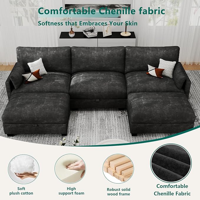 OhaiAura Modular Sectional U Shaped Sofa Couches for Living Room, Cloud Couch with Storage Ottoman, Comfy Chenille Sofa with Pillow, Black
