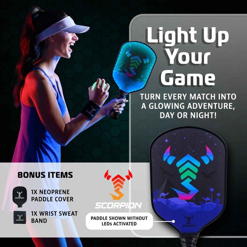 SCORPION Pioneer Pickleball Paddles - Premium, Lightweight Pickleball Paddle with LED Edge Lighting, Fiberglass Face, 11mm PP Honeycomb Core - Pickleball Set with Paddle Cover & Wrist Sweat Band