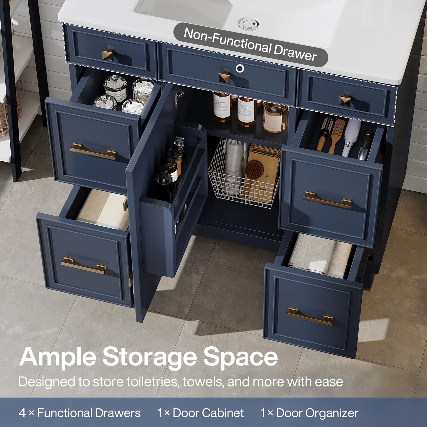 Tribesigns 36 Inch Bathroom Vanity with Sink, Modern Bathroom Cabinet with Soft-Closing Door & 4 Drawers, Adjustable Shelf, Solid Wood Frame Bath Storage Vanity Sink with Metal Handles, Navy Blue