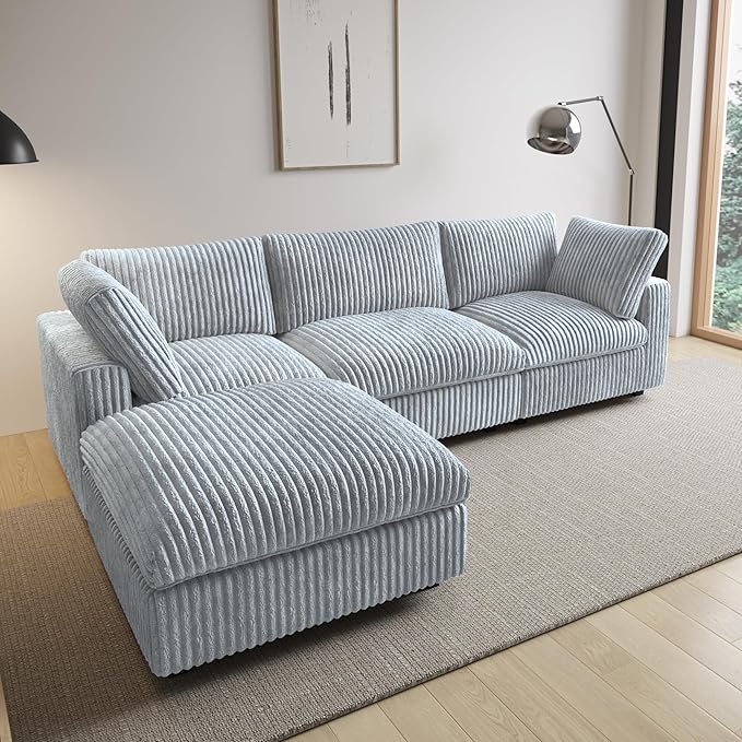 Modular Sectional Sofa/ 118inch Cloud Couches with Ottoman for Living Room/Soft Faux Rabbit Fur L Shaped Couch with Chaise,4 Seater Wide Convertible Sofa,Covers Washable&Replaceable,Grey