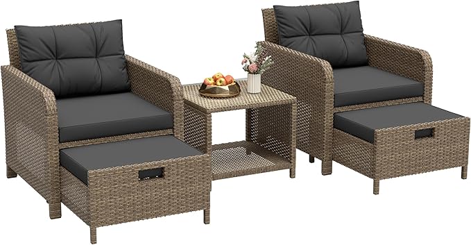 LHBcraft 5 Piece Patio Conversation Set Outdoor Patio Chairs with Ottomans Balcony Furniture with Soft Cushions & Coffee Table for Poolside Garden Balcony (Black Cushion +Yellow Rattan)