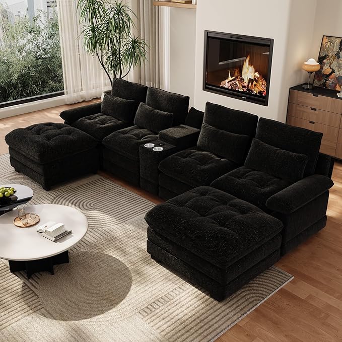 BEQAI 134"U Shaped Sectional Couches for Living Room, Oversized Modular Sectional Fluffy Couch with 2 Ottoman & Storage Console,Modern 6 Seat Living Room Sofa with Glitter Fabric,Tufted Buttons, Black