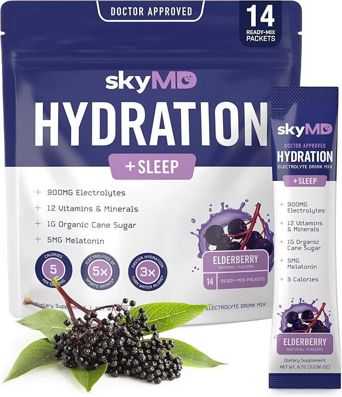 skyMD Hydration + Sleep | Electrolytes Powder Packets | Low Sugar, 5 Calories | 12 Vitamins & Minerals, Sodium | Sleep Sup...