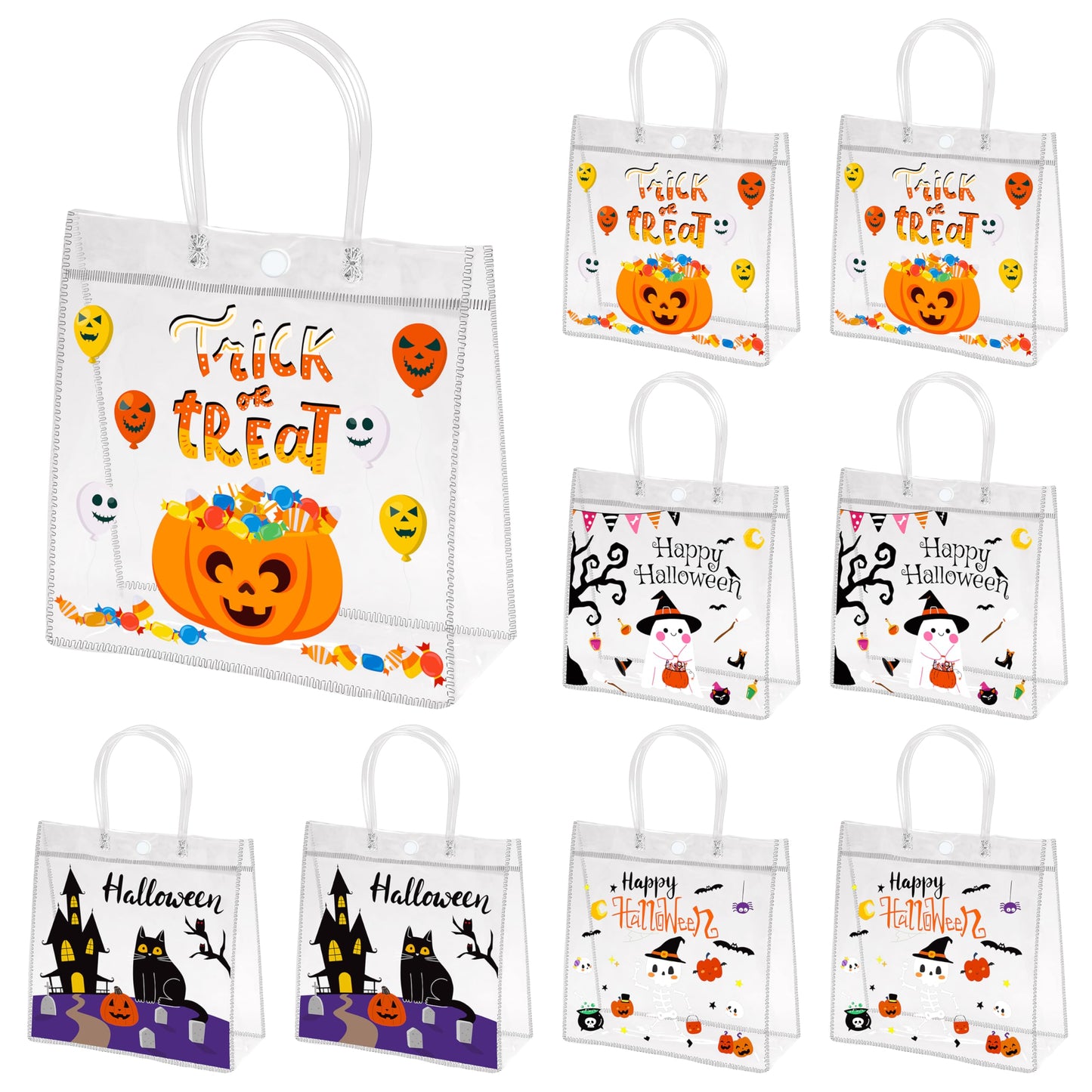 H1vojoxo Halloween Party Favor Bags - 24PCS Happy Halloween Clear PVC Bags with Handle Reusable Trick or Treat Goodie Treat Candy Tote Bag for Kids Pumpkin Ghost PVC Tote Bag for Party Decoration