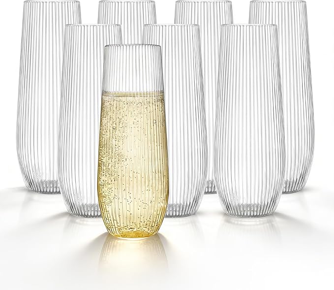 HOMIP 36pcs Clear Plastic Champagne Flutes - 9oz Disposable Champagne Flutes Stemless Toasting Glasses, Ribbed Ripple Desi...