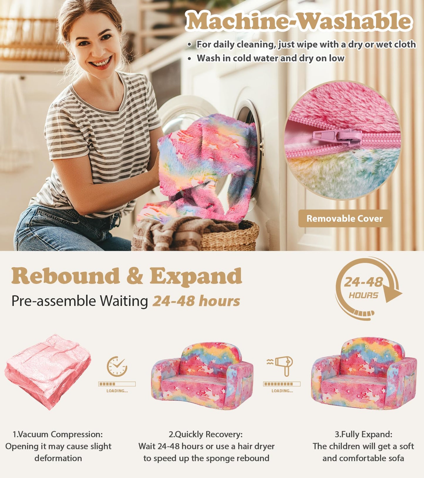 Kids Couch, 2-in-1 Soft Toddler Couch Fold Out with with Blanket and Cloud Pillow, Glow in The Dark, Toddler Chair Comfy, Convertible Sofa to Lounger, Gifts for Kids Girl Boys, Medium Pink Unicorn