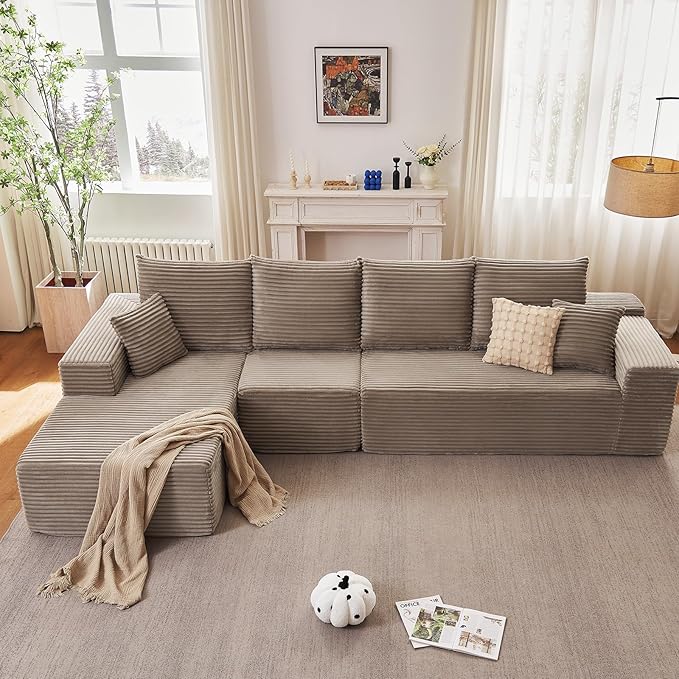 135.4" Cloud Sectional Couch with L-Shape Chaise, Modern Corduroy Boneless Couch for Living Room,Memory Foam Sofa with Deep Seat,No Assembly Required (Camel,Left-Facing Chaise)
