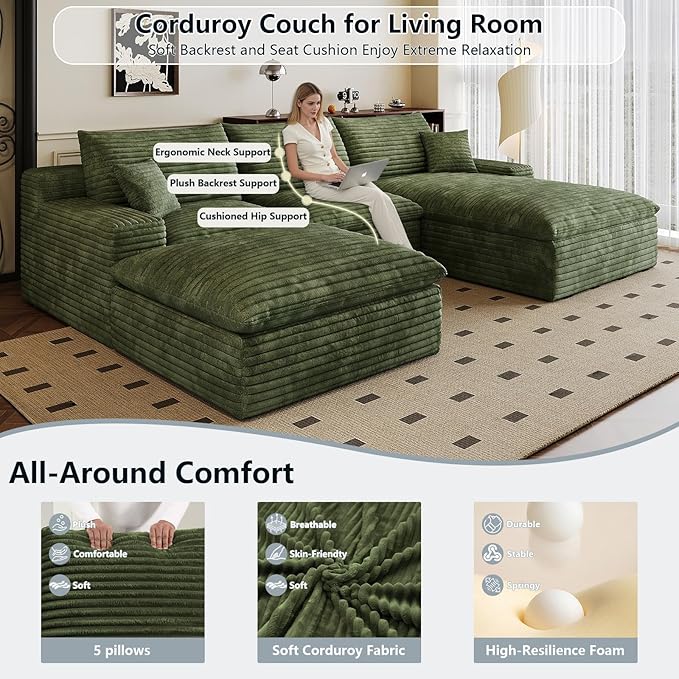 107" Cloud Sectional Couch U-Shaped Chaise with Ottoman, Corduroy Boneless Couch for Living Room Bedroom, Deep-Seat Upholstered Modular Cloud Sofa, No Assembly Required (Green, Right Facing Chaise)
