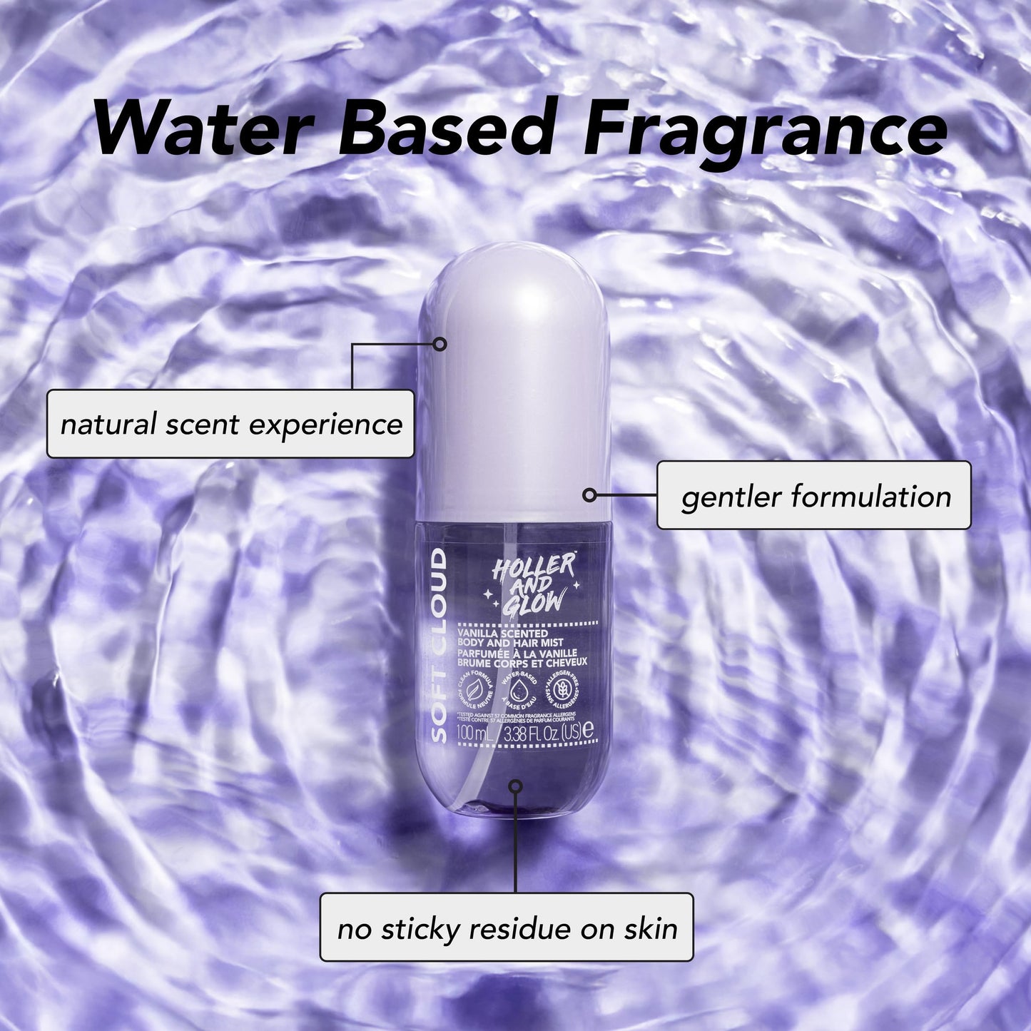 Holler And Glow Mood Boosting Soft Cloud Body & Hair Mist, Body Spray, Teen Girls Spritz, Long Lasting, Vanilla, Sweet Scented, Water Based Fragrance For Tweens, Clean & Gentle Formula, 3.38 Fl Oz