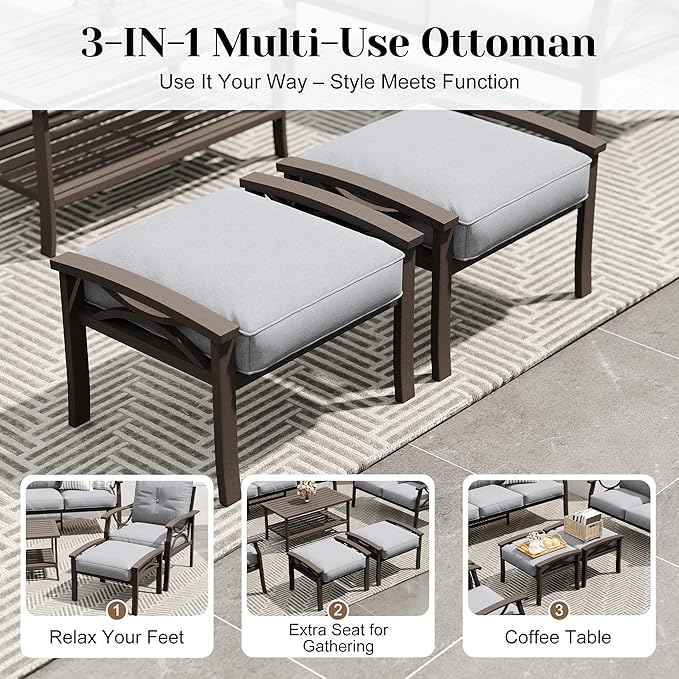 FansaFurn 8-Pieces Outdoor Patio Furniture Set with 43" Fire Pit Table, Metal Outdoor Sectional Furniture with Cushions, Outdoor Conversation Set for Garden, Balcony, Deck, Backyard, Grey