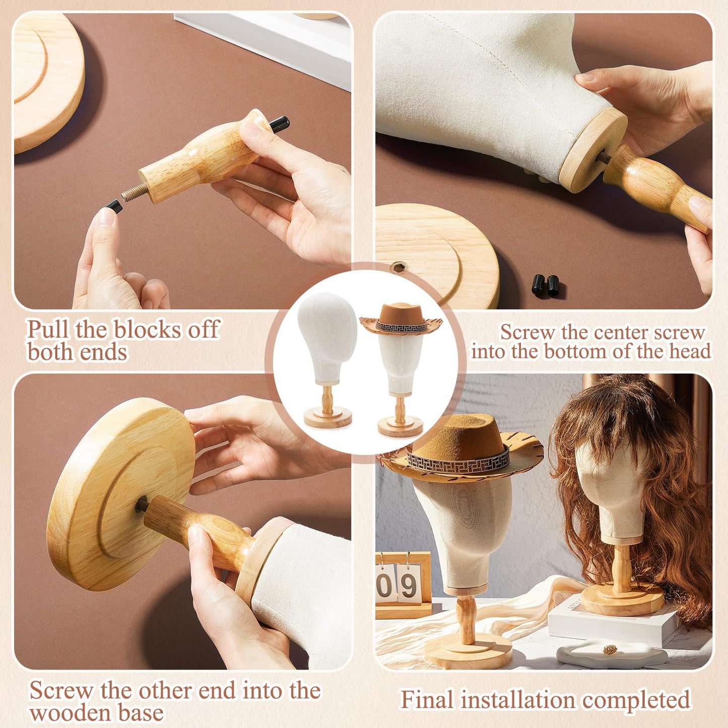 RattanView 2 Pcs Wig Stand with Head 23 Inch Linen Mannequin Head with Wooden Stand Canvas Mannequin for Hats Wigs Caps Headdres