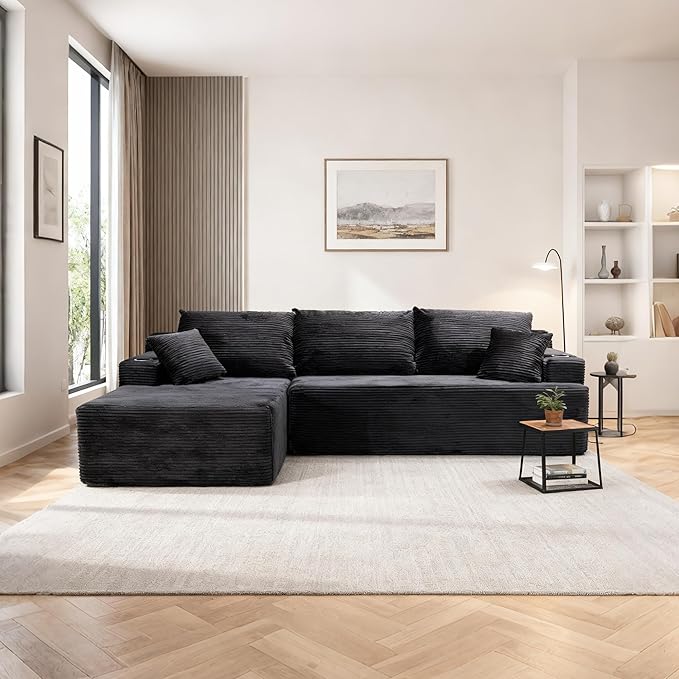 105" Cloud Sectional Couch with L-Shape Chaise, Modular Sectional Sofa with Deep Seat & 2 Cup Holders, Modern Corduroy Boneless Couches for Living Room, No Assembly Required, Left Facing Chaise, Black | Pet Friendly, Flexible Layout