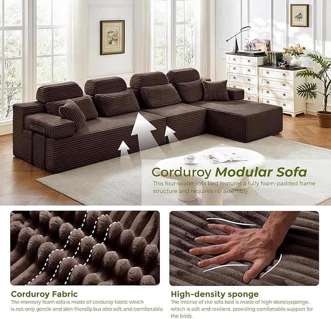 136" L-Shaped Cloud Modular Sectional Sofa with Chaise & Headrest, Boneless Deep Seat Plush Corduroy Couches for Large Living Room, No Assembly Required (Brown, 136" L-shapred Chaise)