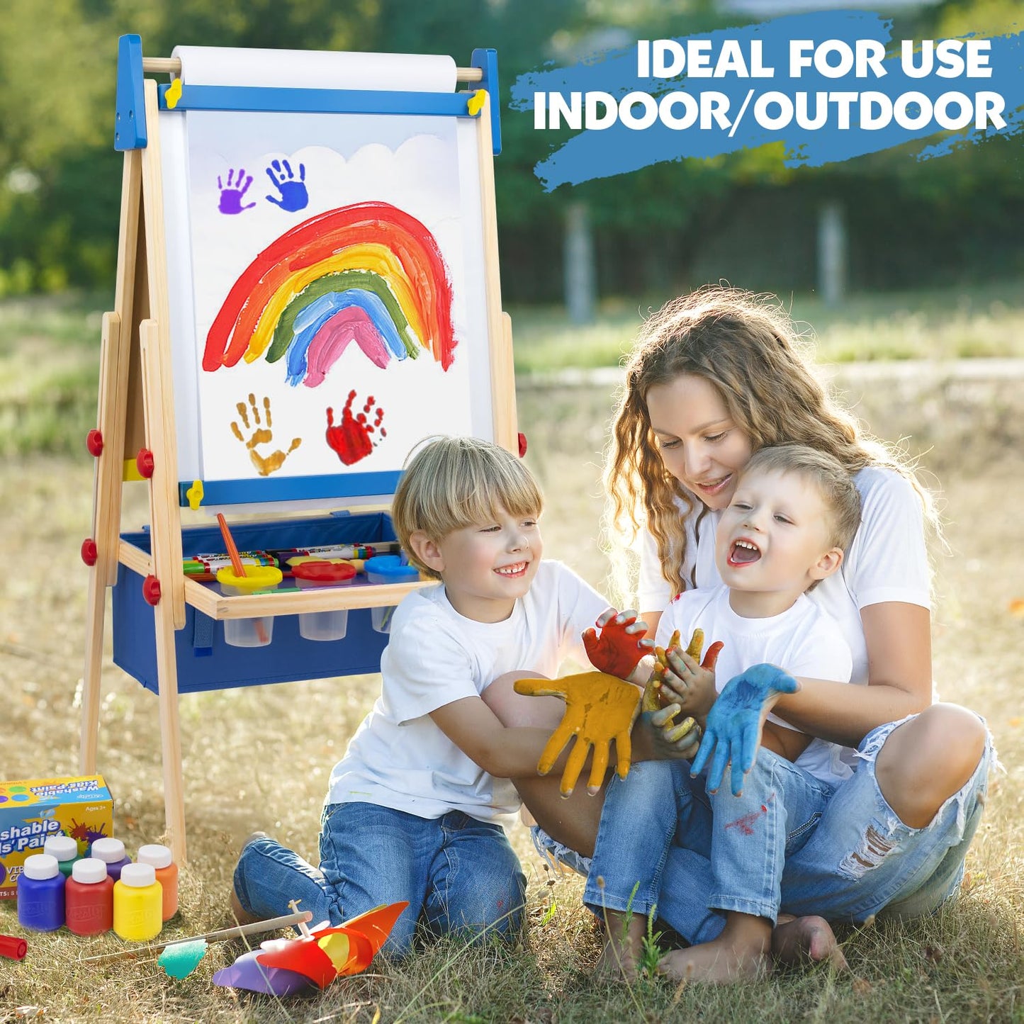 Art Easel for Toddlers Kids, Adjustable Standing Art Easel with Magnetic Chalkboard & Whiteboard, Dry-Erase Board, Paper Roll, Drawing & Painting Easel for Kids Ages 3 4-8 9-12, Blue w/Bag