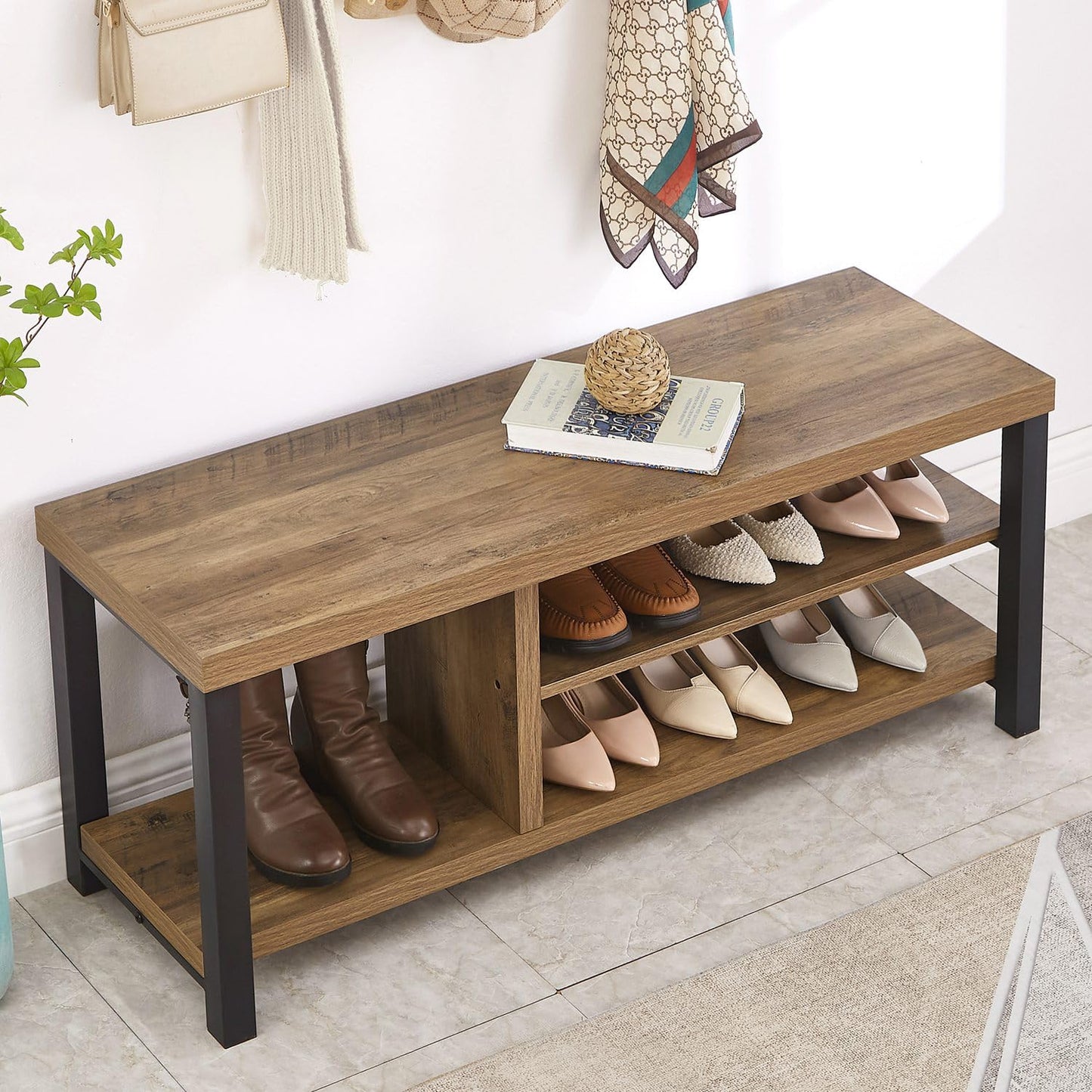 FOLUBAN Shoe Bench for Entryway, Wood and Metal Indoor Bench with Shoe Storage and Seating for Bedroom, Hallway, Living Room, Rustic Oak, 43.3 Inch