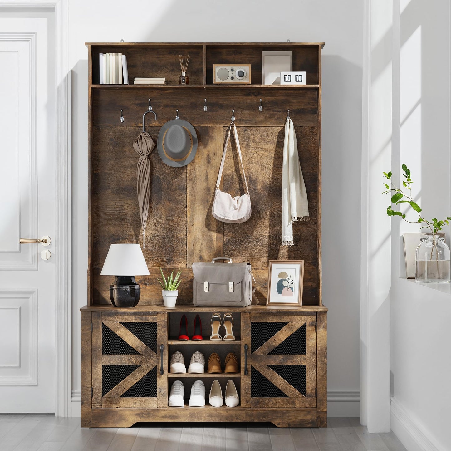 Gizoon Hall Tree with Storage Bench, 5-in-1 Entryway Bench with Coat Rack, Shoe Cubbies, Coat Hooks and Barn Door, Shelf for Foyer, Mudroom,Retro