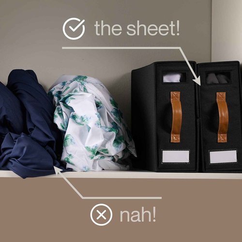 LOFT + IVY Sheet Organizers and Storage – Bed Sheet Holders Box for Linen Closet, Foldable Bedding Storage with Leather Handles, Label Slot, Closure – Black, 4-Pack