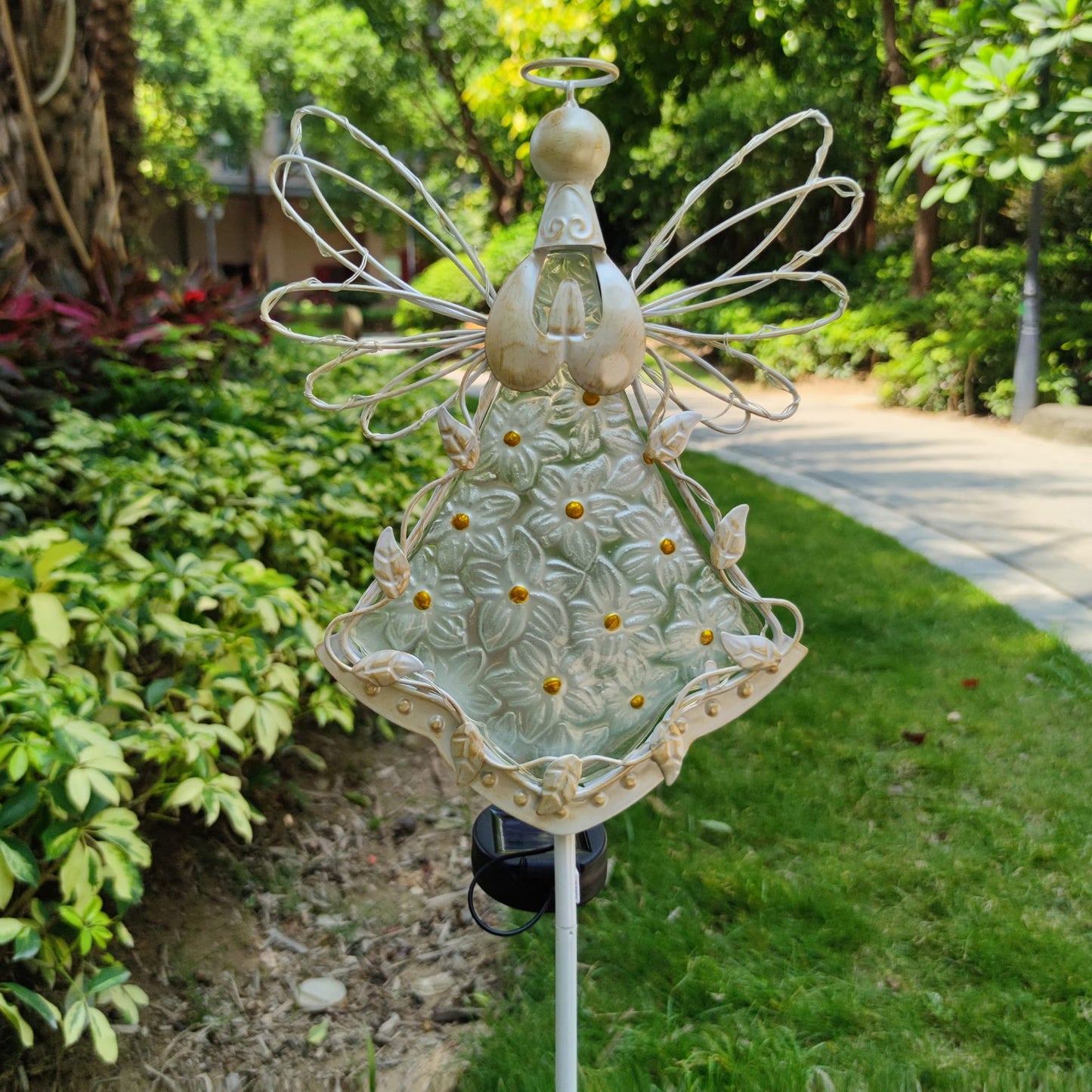 COOZZYHOUR 38Inch Angel Solar Lights Outdoor Decorative-Metal&Glass Angel Hydrangea Flower Garden Stake Lawn Light- Waterproof 30 Warm White LED for Remembrance Gifts & Grave Decorations (White)