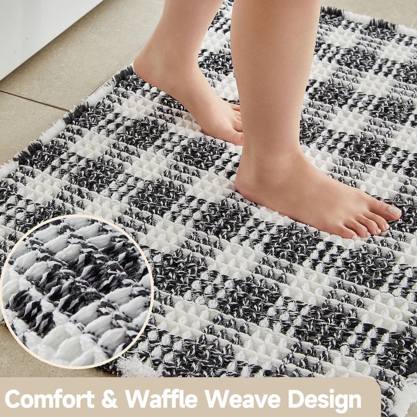 Waffle Bath Mat, Boho Bathroom Rugs Non Slip Washable Absorbent Checkered Bathroom Mat Quick Dry Farmhouse Bathroom Decor, 24"x16" Black and White