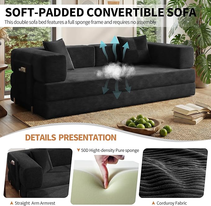 Fancyfire 78.8" Convertible Sofa Bed with Armrest Pillow,4-in-1 Sleeper Couch Bed for Livingroom,Modular Corduroy Boneless couches,No Assembly (Black)