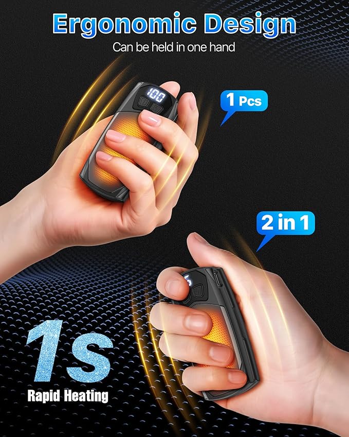 Kesguar Hand Warmers Rechargeable 2 Pack - 6000mAh Electric AI Handwarmers, LED Display & 5-Level Heating, 20Hrs Long Lasting, 2-in-1 Portable Heater, Gifts for Men/Women/Golf/Hunting