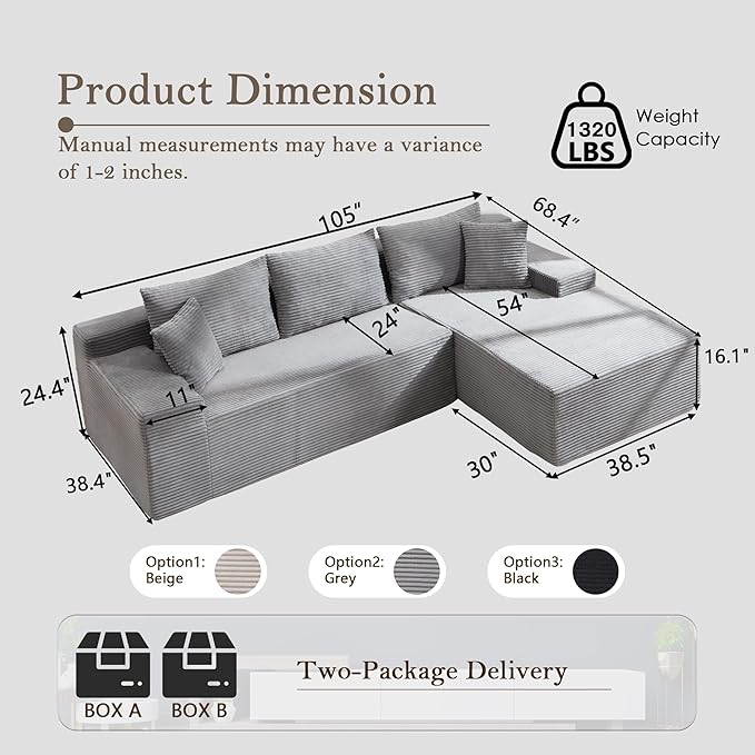 105’’ L-Shape Modular Sectional Sofa with Chaise, Convertible Cloud Couch, Corduroy Fabric & High-Density Memory Foam, No Assembly Required for Living Room (Grey, Right Facing Chaise)