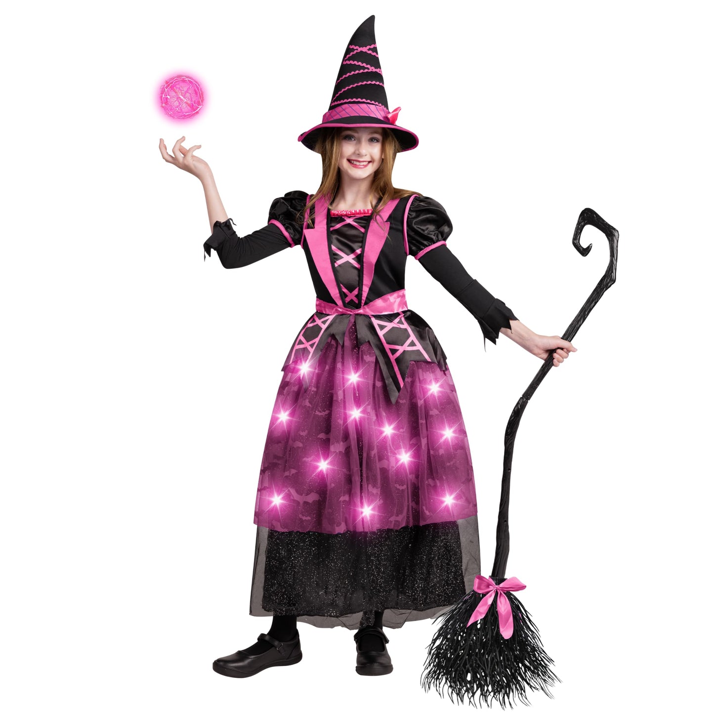 Spooktacular Creations Halloween Witch Costume Kids, Light Up Witch Dress with Hat and Broom for Girls, Toddlers Bat Outfit Set for Halloween Costumes Role Play Parties, Pink (3T(3-4 yrs))
