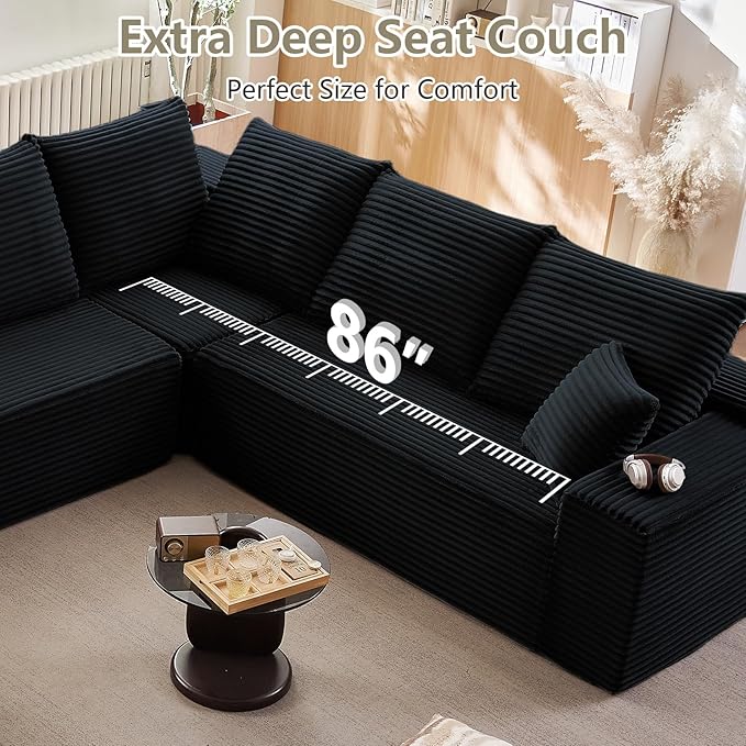 Cloud Sectional Couch with L-Shape Chaise, Upholstered Corduroy Couches Stupendous U Shaped Sofas, Modern Modular Comfy Sofa with Deep Seat for Living Room Bedroom, No Assembly Required, Black