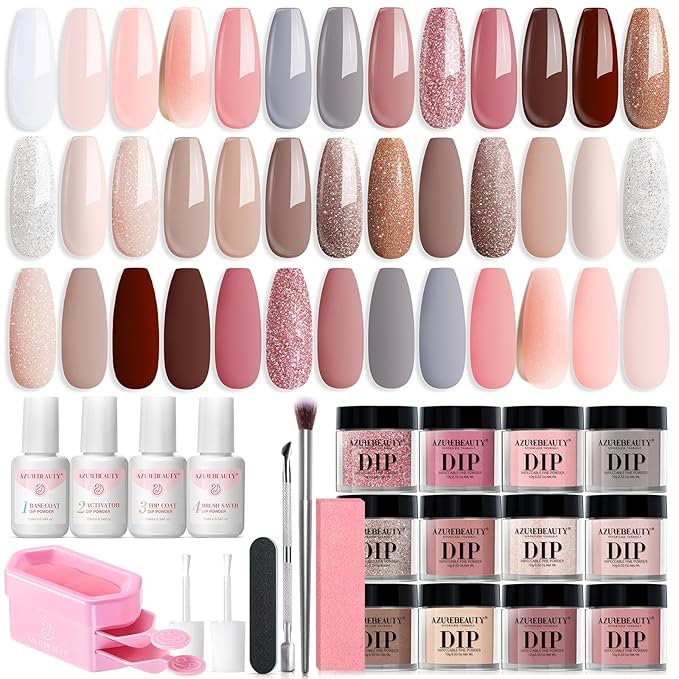 AZUREBEAUTY 31 Pcs Dip Powder Nail Kit 20 Colors Glitter Nude Brown Pink White Gray Dip Powder Liquid Set with Top/Base Co...