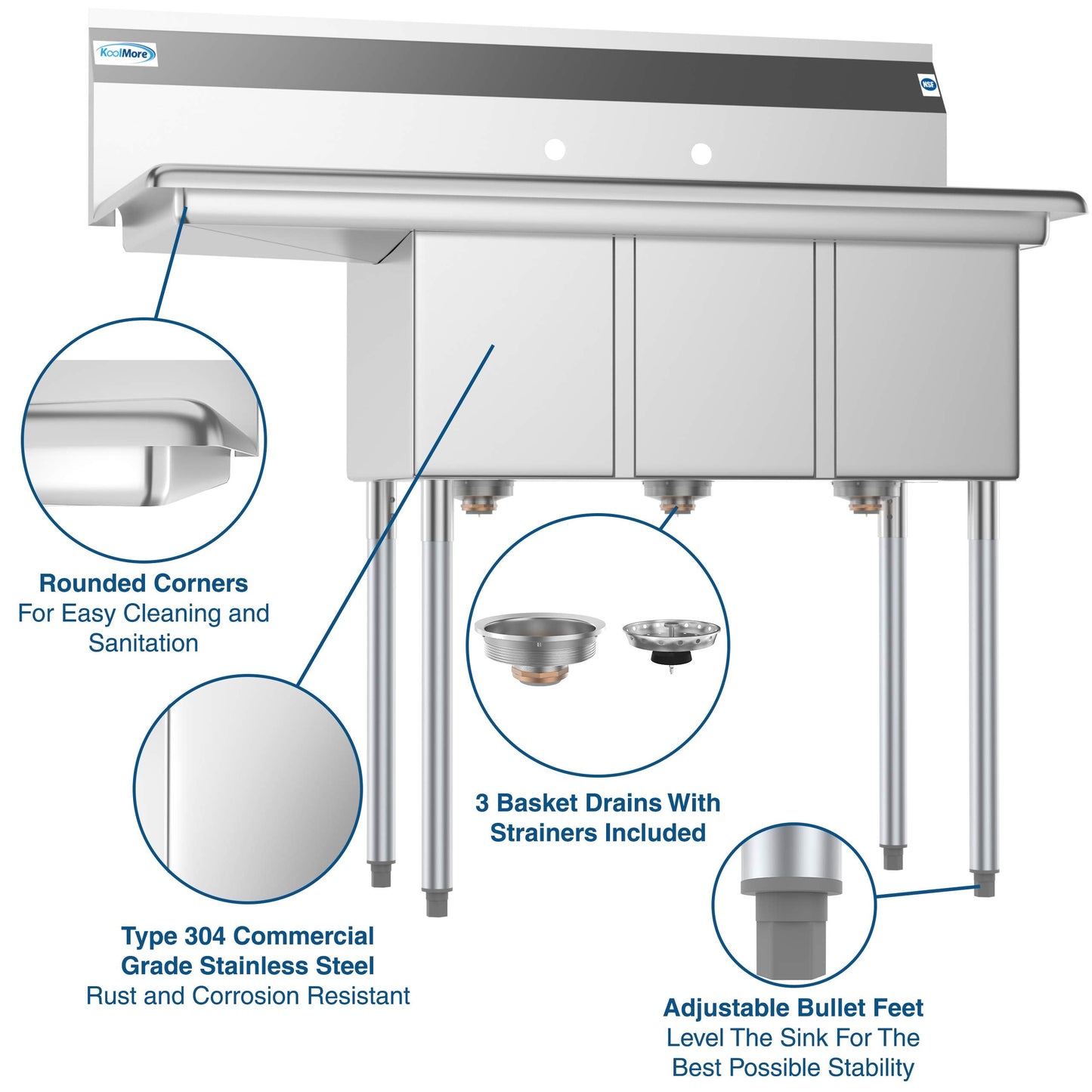 KoolMore - SC101410-12L3 3 Compartment Stainless Steel NSF Commercial Kitchen Sink with 1 Drainboard - Bowl Size 10" x 14" x 10", Silver