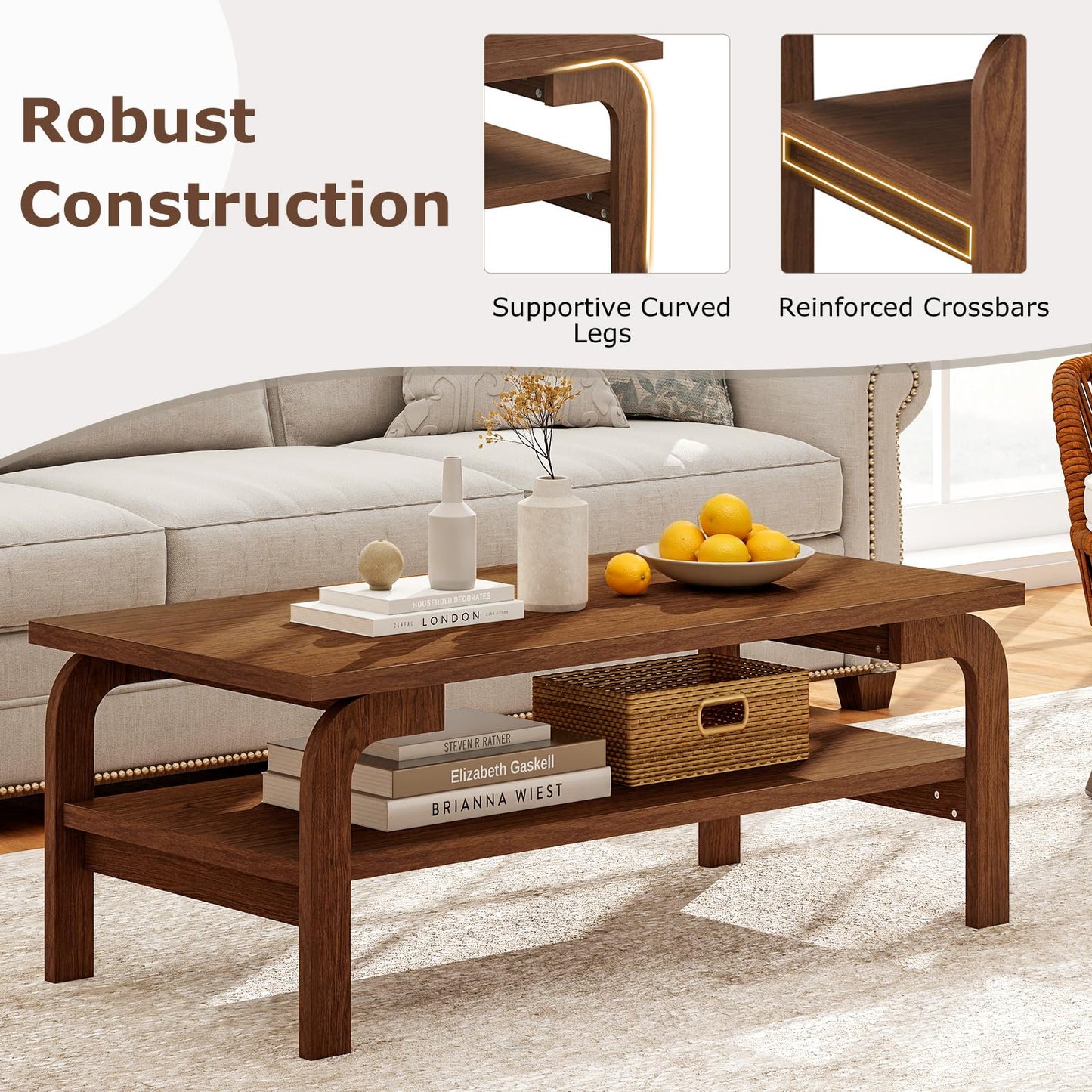 Giantex Mid Century Modern Coffee Table, 47" 2-Tier Center Table with Storage Shelf, Rectangular Vintage Cocktail Table w/Curved Legs & Large Tabletop, Wood Living Room Tables for Apartment, Walnut