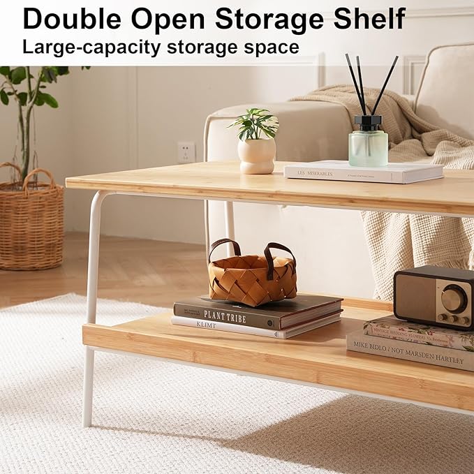 Baveke Bamboo 2 Layer Coffee Table - Tier Storage Mid Century Modern Farmhouse Center Table for Living Room, Bedroom, Office, Patio(Natural)