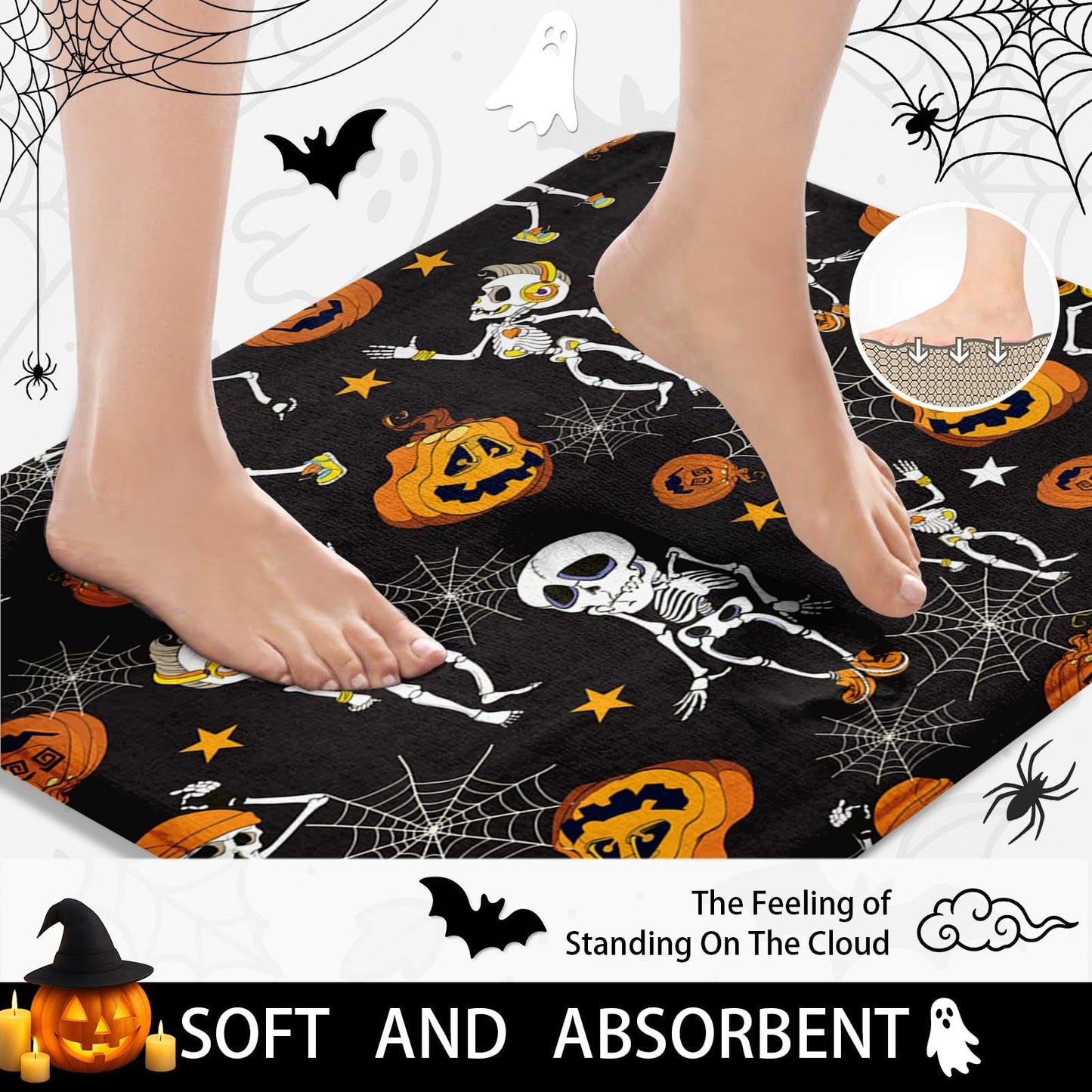 Tayney Haloween Pumpkins Shower Curtain Set with Toilet Lid Cover and Non-Slip Rugs, Dancing Halloween Skeletons and Pumpkins 4 Pcs Shower Curtains for Bathroom, Holiday Funny Bathroom Decor