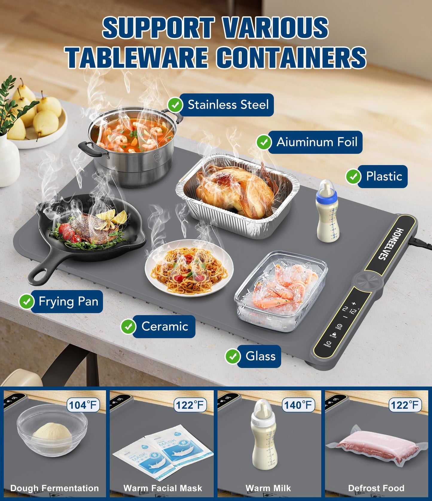 Food Warming Mat, Rapid Heating Electric Warming Tray with 9 Temp Setting and 6 Hours Timer, Foldable Warming Mat for Food, Portable Food Warmers for Parties Buffet, Gray