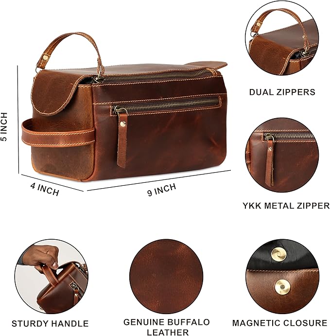 KomalC Premium Buffalo Leather Toiletry Bag for Men & Women – Leather Dopp Kit With Water resistant Lining, Premium Toiletry Travel Pouch, Unisex Wash Bag for Toiletries, Gifts for Men and Women