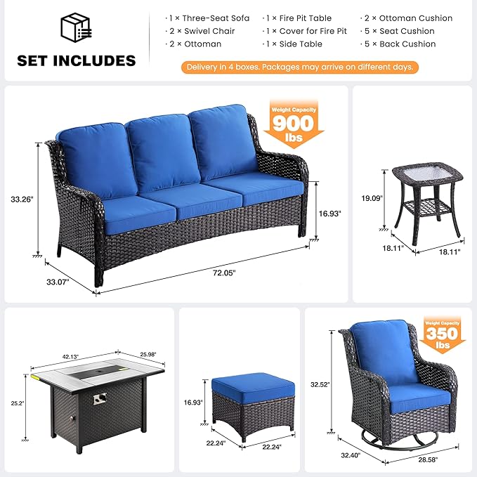 ovios 7 Pieces Patio Furniture Set, Outdoor Wicker Sofa Couch with Swivel Chairs 42" Fire Pit Table, High Back Modern All Weather Conversation Sets, Brown Rattan, Navy Blue