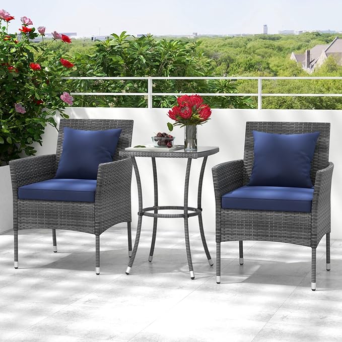 Tangkula 3-Piece Patio Furniture Set, PE Wicker Conversation Bistro Set w/A Tempered Glass Table & 2 Cushioned Chairs, Outdoor Table & Chairs Set for Patio Porch Yard Garden (Mix Gray+Navy)