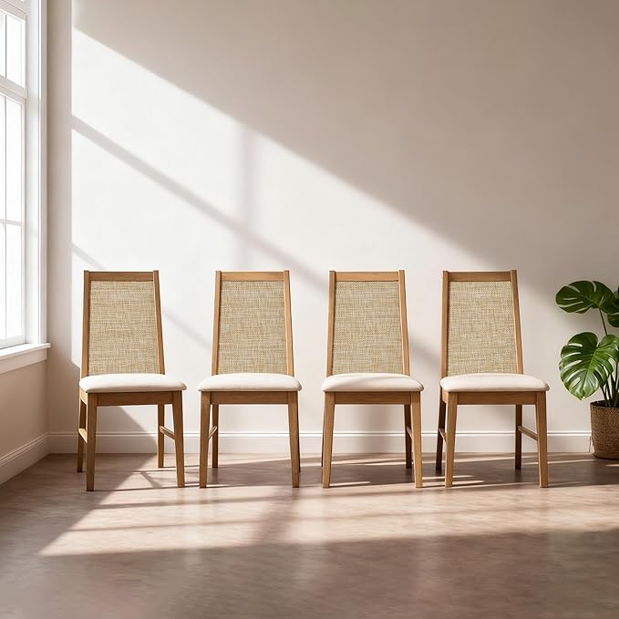 SICOTAS Wood Dining Chairs Set of 4 - Rattan Dining Room Chairs with Solid Wood Leg, Farmhouse Upholstered Kitchen Chairs High Back, Modern Armless Dining Chair for Dining Room, Kitchen, Oak, 4PCS