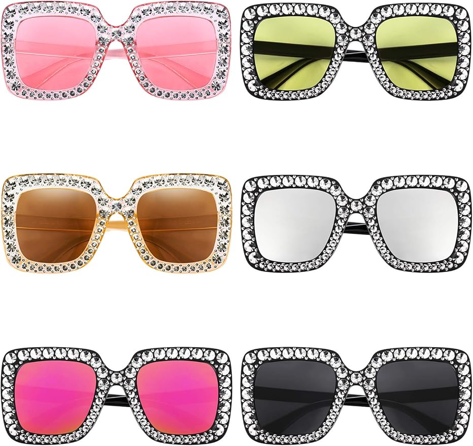 Frienda 6 Pairs Rhinestone Oversized Square Sunglasses 70s Women Dazzled Sunglasses for Disco Party Concert Photo Props
