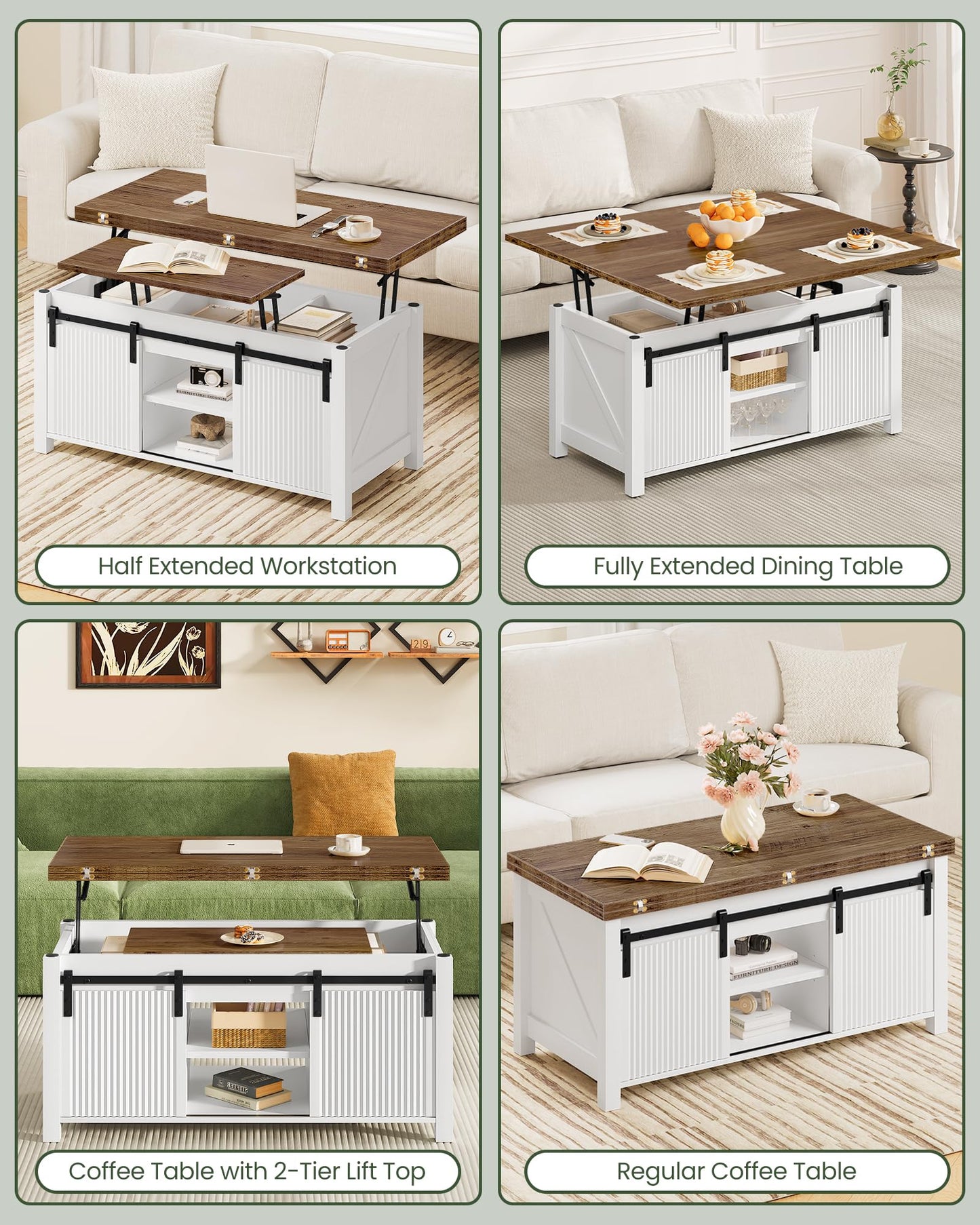 CHOEZON Coffee Table Lift Top, 4 in 1 Convertible Coffee Table, Farmhouse Coffee Tables, with Hidden Compartments, with Sliding Doors, for Living Room, Apartment, White and Walnut MKF01WL
