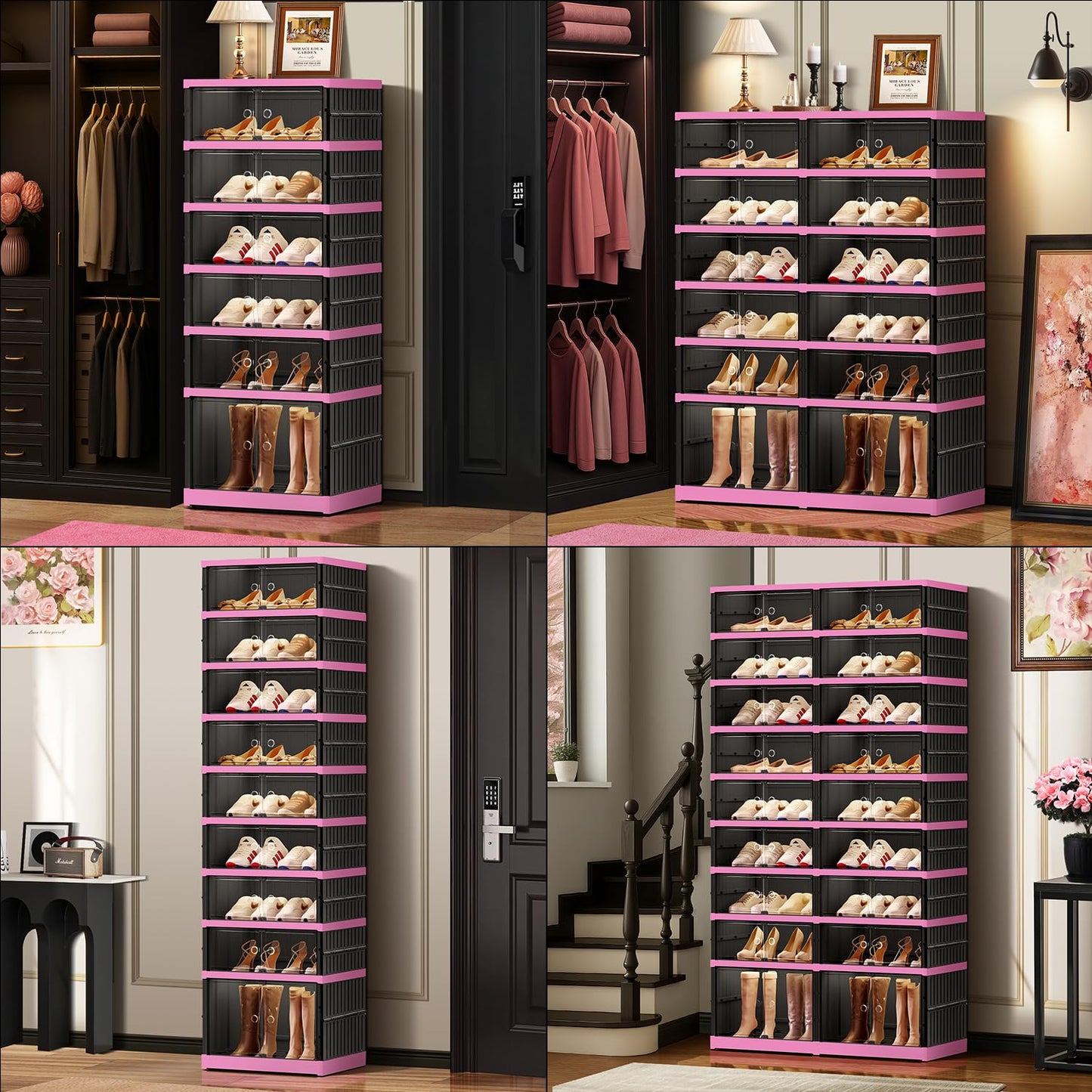 CIMLORD 9-Tier Foldable Shoe Rack Organizer for Closet,36 Pairs Collapsible Plastic Shoe Shelf,Large Shoes Cabinet with Door,Clear Stackable Storage Box Easy Assembly（Black-pink）