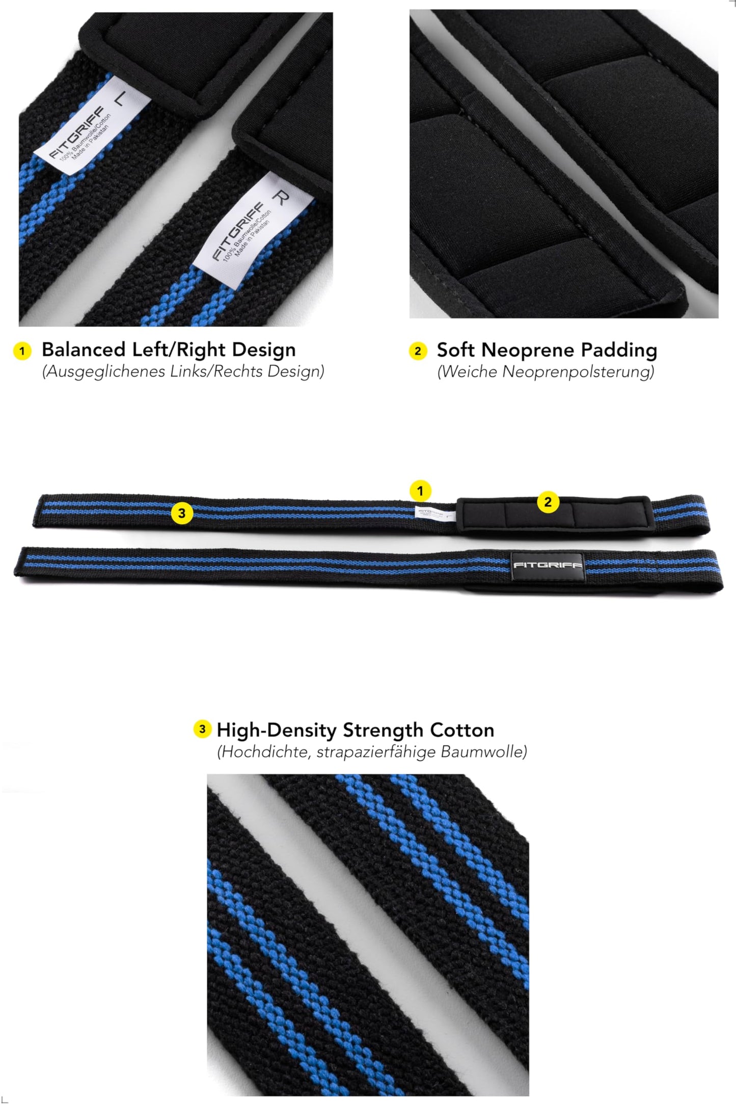 Fitgriff® Lifting Wrist Straps for Weightlifting, Gym, Deadlift, Workout (Made of Premium Cotton & Padded) - Men & Women (Standard, Black/Blue)