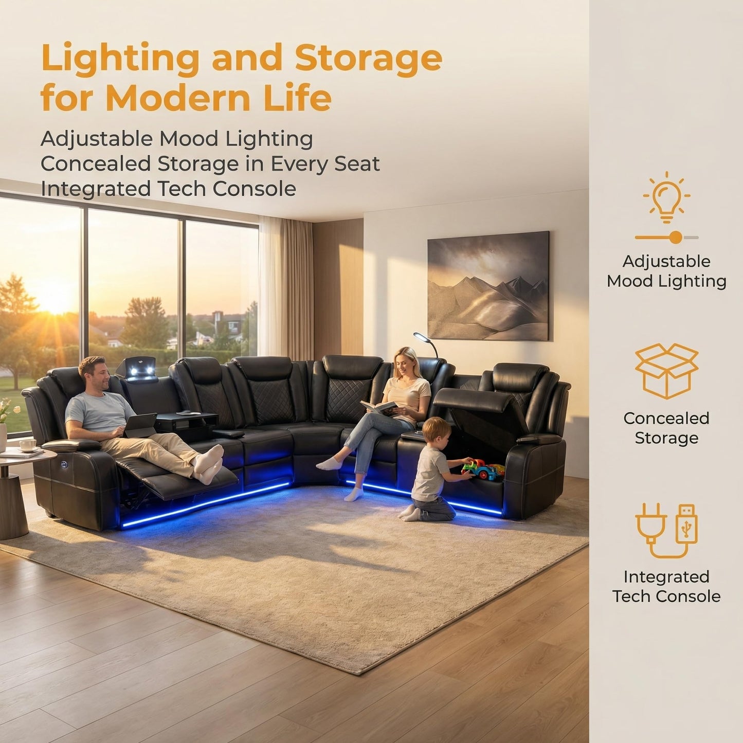 FUOROLA Power Recliner Living Room Set with LED, Breathing Leather Reclining Sectional Sofa Couches for Home Theater with Cup Holder, Storage Consloe, USB Charge