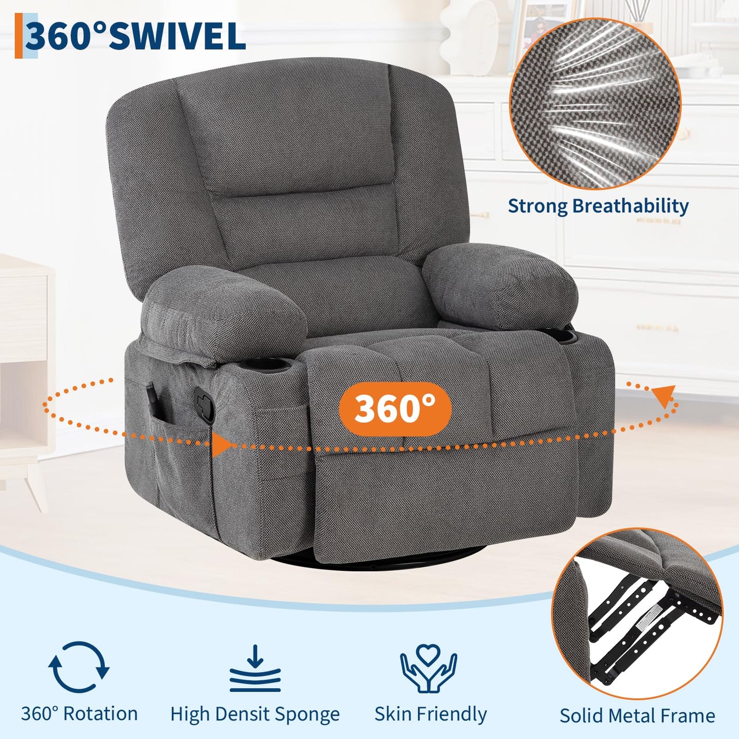 Oversized Wide Recliner Chair with Vibration Massage and Heat, 360° Swivel Recliner Glider for Adults,Chenille Fabric Manual Reclining Single Sofa with Cup Holders & Side Pockets for Living Room,Grey
